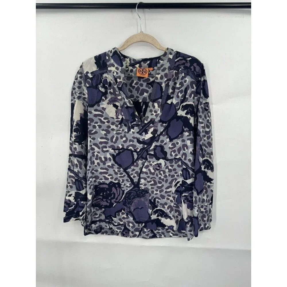 Tory‎ Burch Blouse Women 4 Purple Floral 100% Silk Y2K Retro Preppy Funky Rave